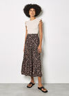 Leaf Print Tiered Midi Skirt, Brown, large