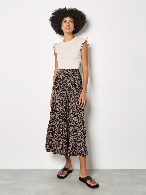 Leaf Print Tiered Midi Skirt, Brown, large