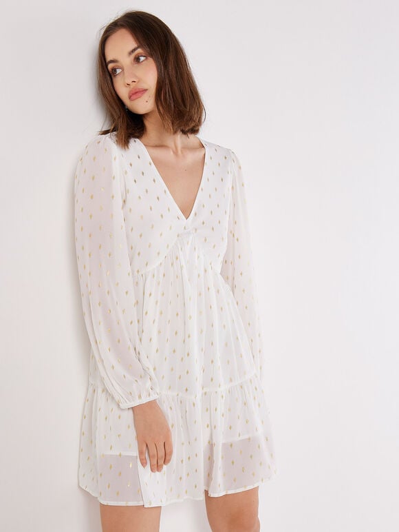 Gold Foil Mini Dress, Cream, large