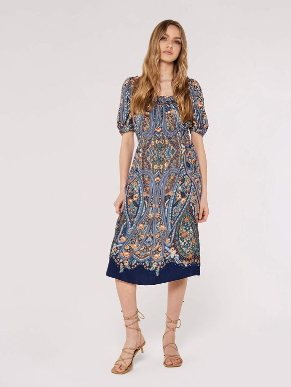 Diamond Paisley Midi Dress, Blue, large