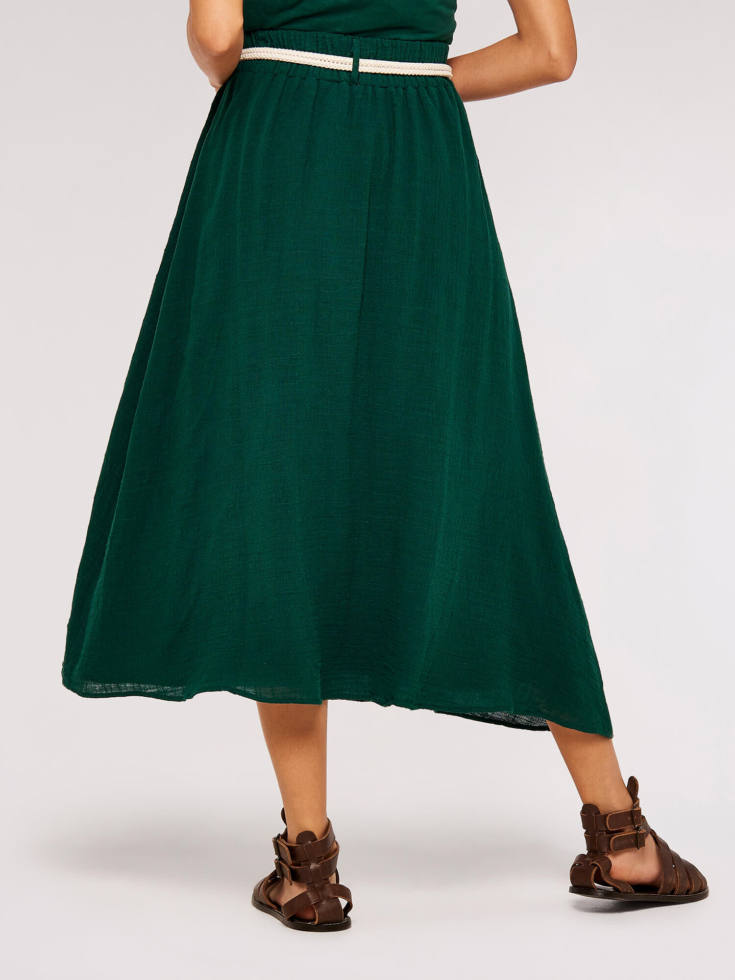 Rope Belt Cotton Midi Skirt Apricot Clothing