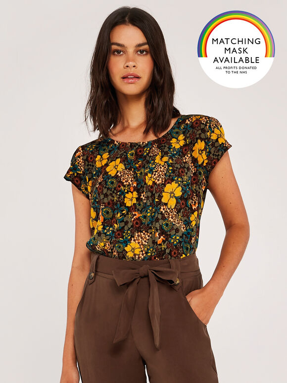 Retro Floral Tulip Sleeve Top, Black, large