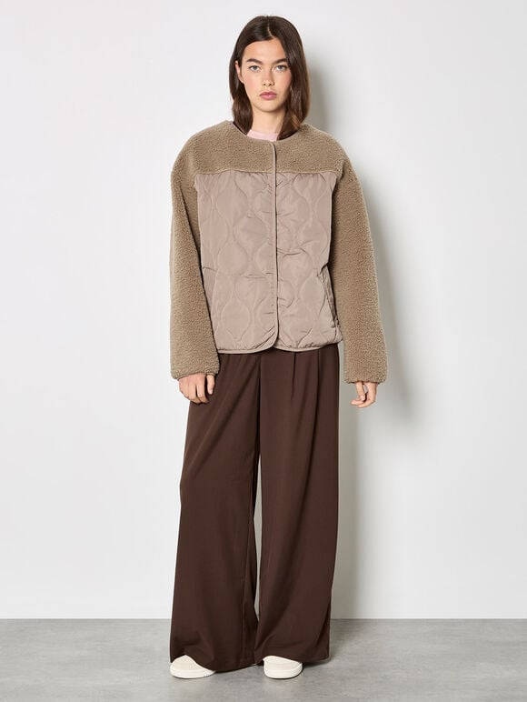 Contrast Borg Quilted Jacket, Brown, large