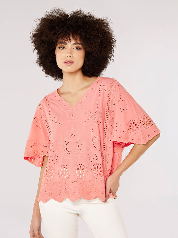 Embroidered Cotton Top, Pink, large