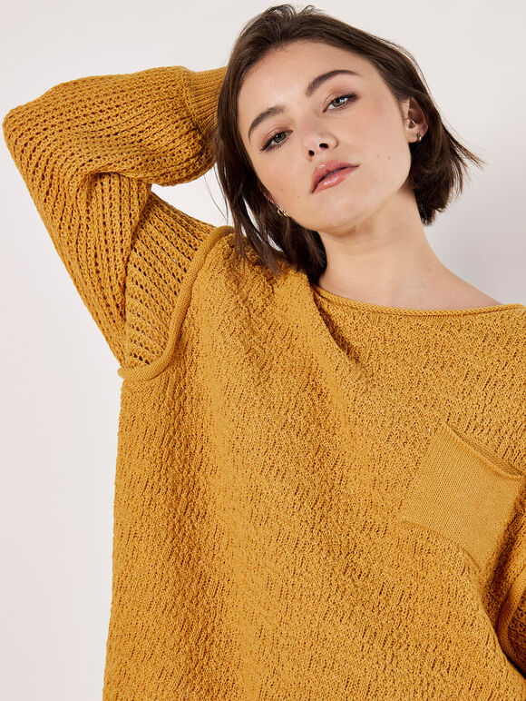 Textured Knit Oversized Jumper, Mustard, large