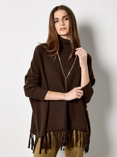 Roll Neck Fringe Poncho Jumper