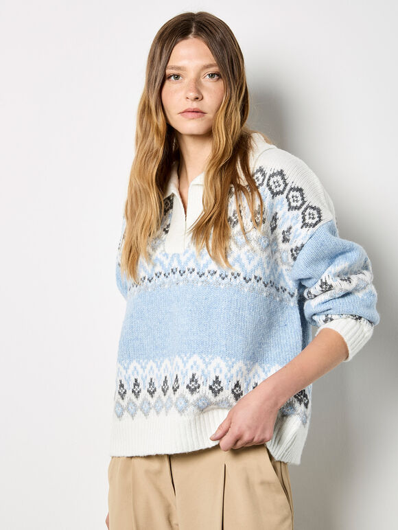 Open Collar Fair Isle Jumper, Blue, large