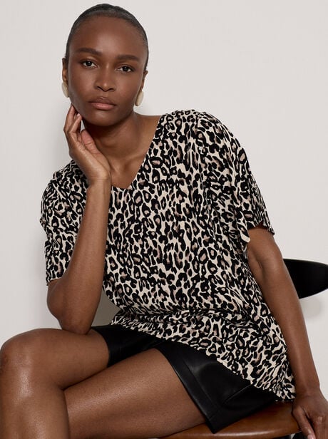 Button Back Animal Print Woven T-Shirt