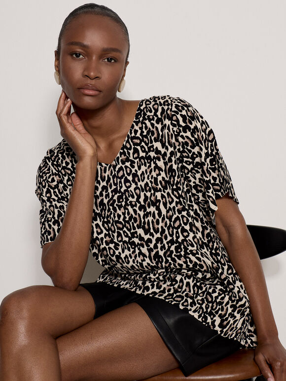 Button Back Animal Print Woven T-Shirt, Stone, large