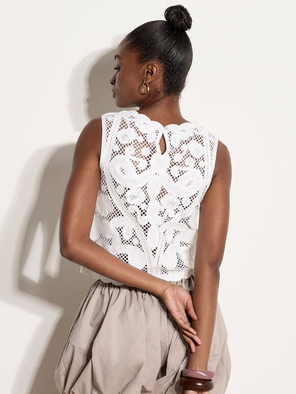 Crochet Mesh Shell Top, White, large
