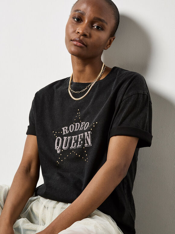 Rodeo Queen Stud Cotton T-Shirt, Black, large