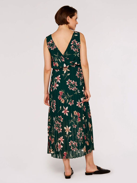 Botanical Pleated Midi Dress, Green, large