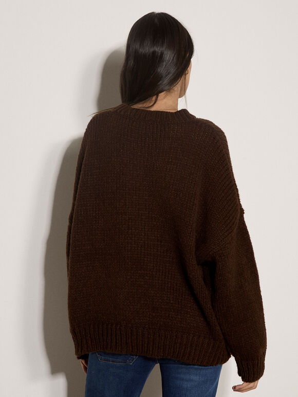 Chunky Knit Flower Applique Jumper, Brown, large