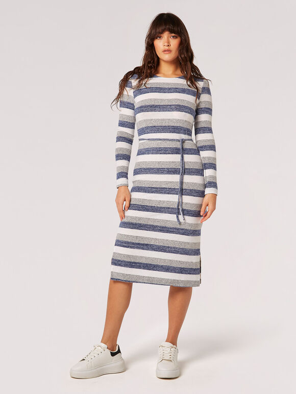 Robe mi-longue à rayures douces au toucher, bleu marine, grand