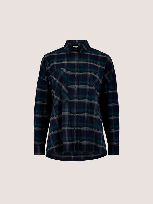 Oversized Check Print Shirt, Navy, large