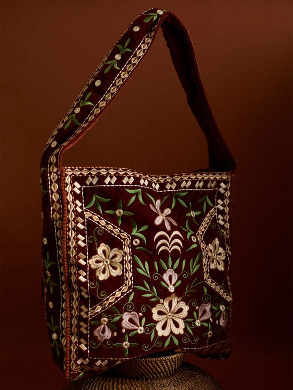 Floral Embroidered Shoulder Bag, Brown, large
