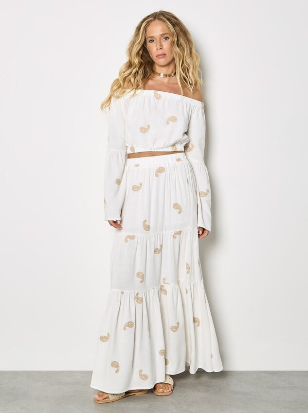 Paisley Embroidered Bardot Crop Top, Cream, large