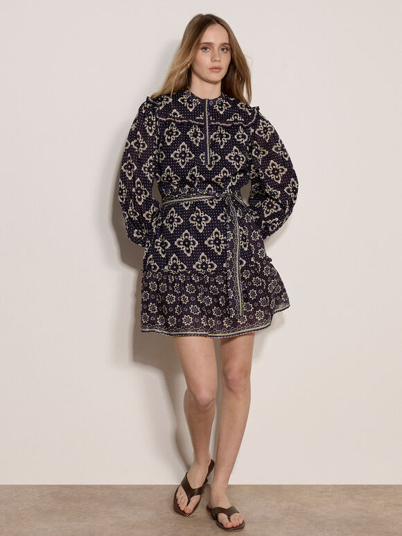 Tile Print Shift Mini Dress, Navy, large
