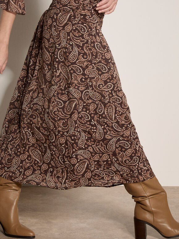Chiffon Paisley A-Line Midaxi Skirt, Brown, large
