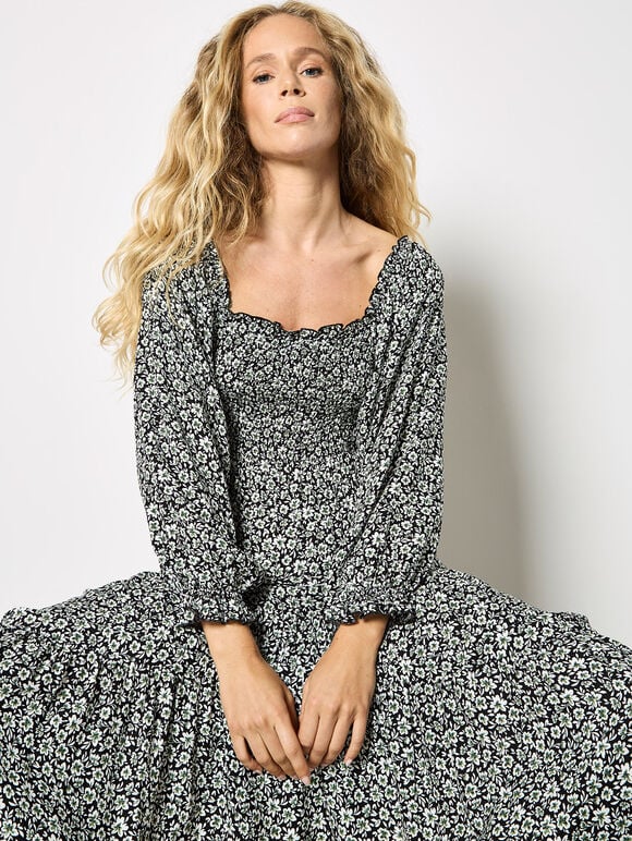 Ditsy Floral Smocked Midi Dress, Green, large