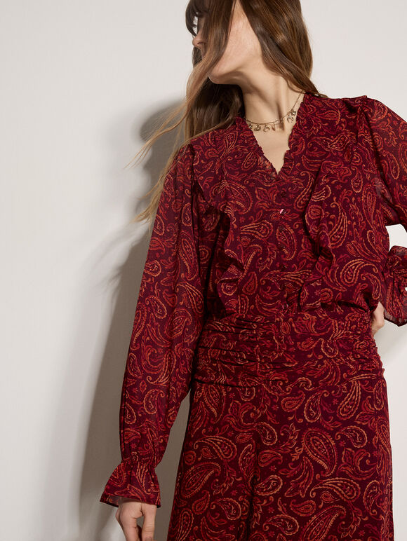 Paisley Chiffon Ruffle Blouse, Burgundy, large