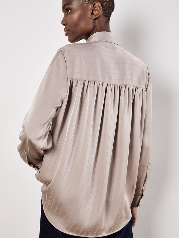 Satin Self-Stripe Oversized Shirt, Stone, large