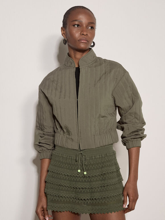 Quilted Cropped Jacket, Khaki, large