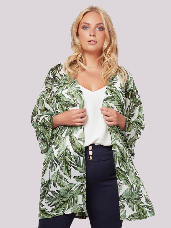 Kimono mit tropischen Blättern, Creme, groß