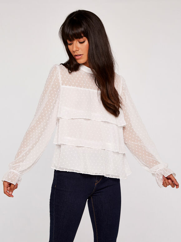 Sheer Dobby Long Sleeve Tiered Top, Cream, large