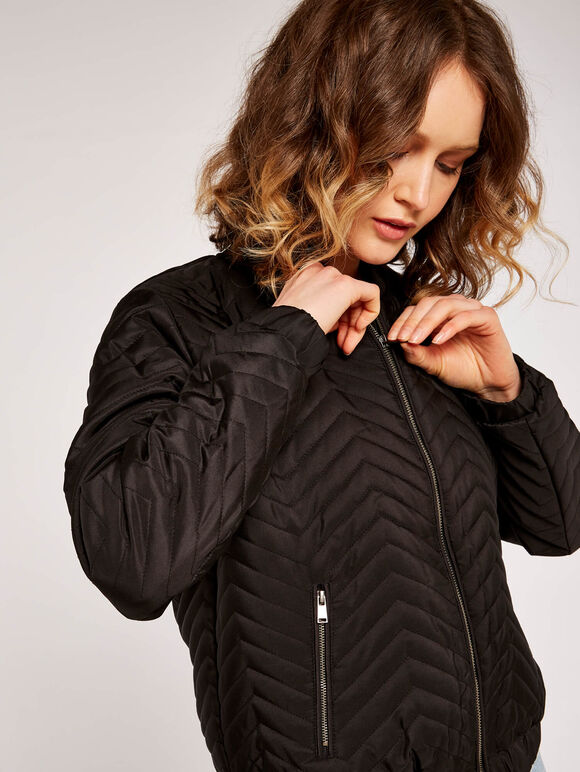 Quilted Bomber Jacket, Black, large