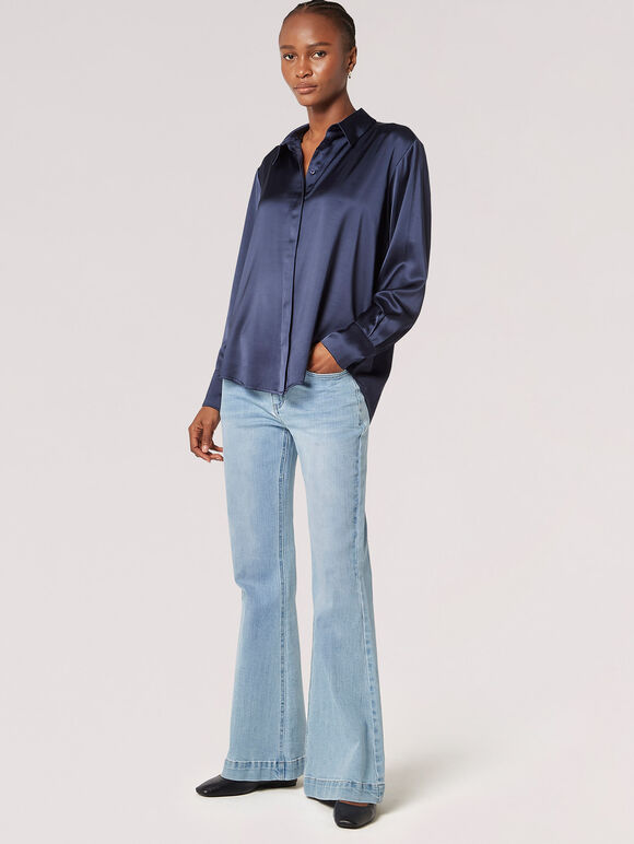 Oversized Satin Shirt, Navy, large