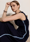 Crochet Trim Smocked Midi Dress, Navy, large