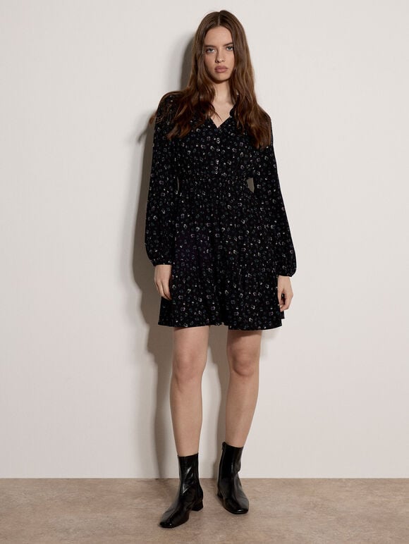 Floral Ruffle Mini Dress, Black, large