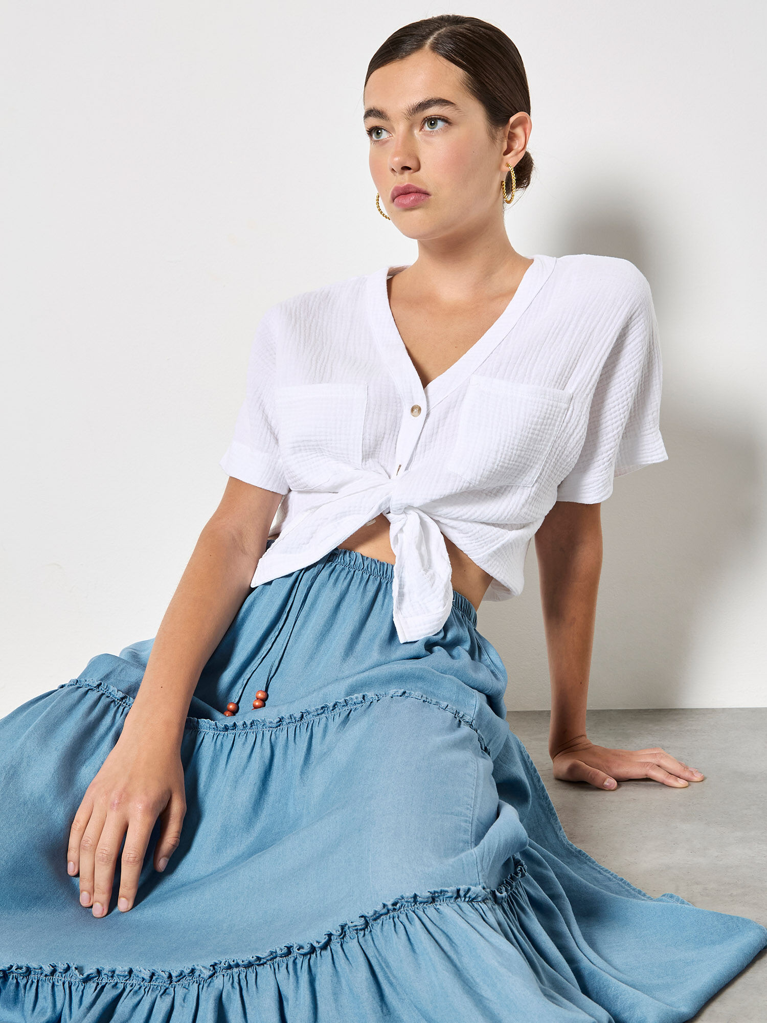 Denim Tiered Maxi Skirt | Apricot Clothing