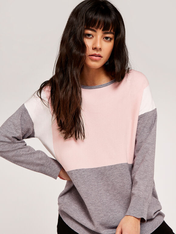 Colourblock-Pullover, Pink, groß