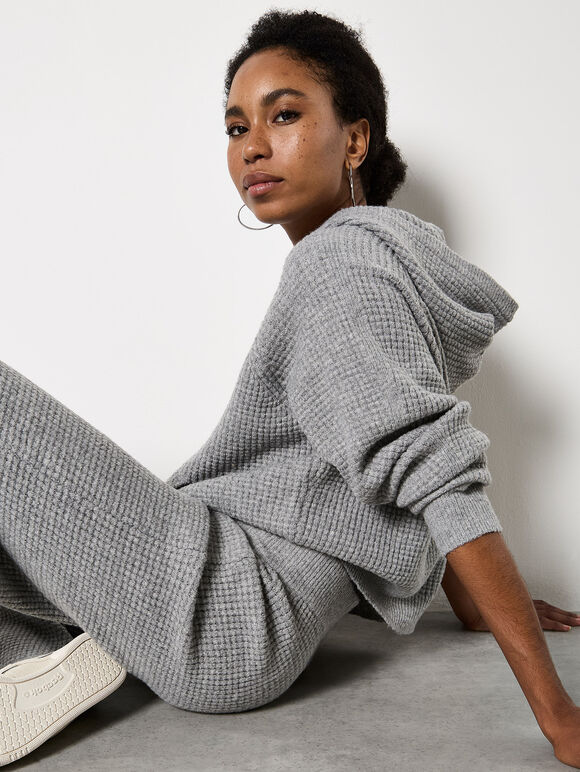 Waffle Knit Hooded Jumper, Grey, large