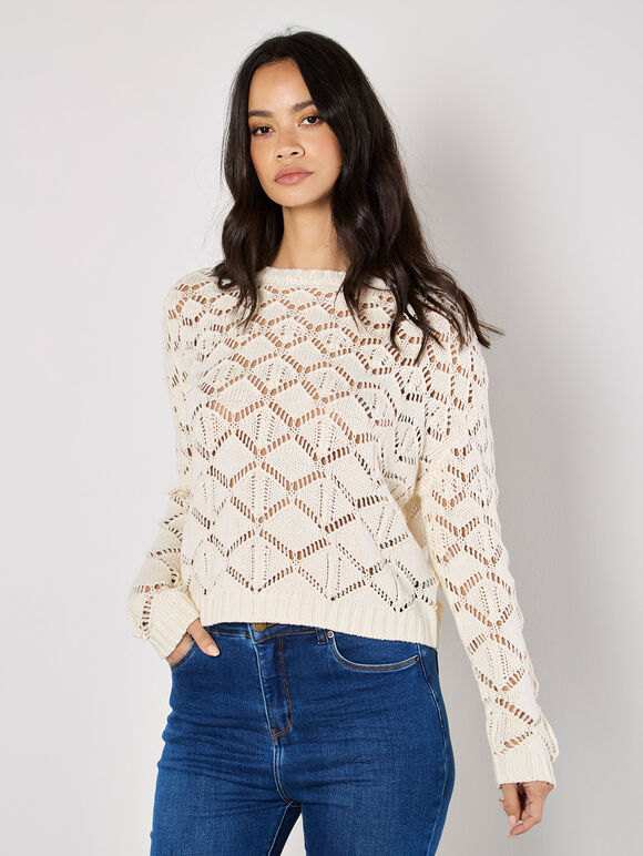 Diamond Pointelle Boxy Jumper, Cream, large