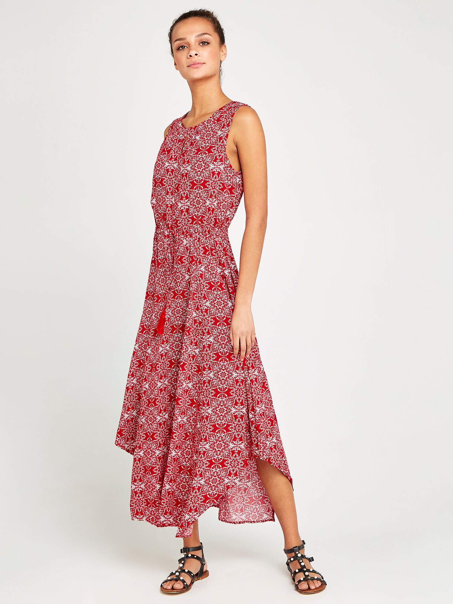Mosaic Print Tassle Tie Dress Apricot Clothing