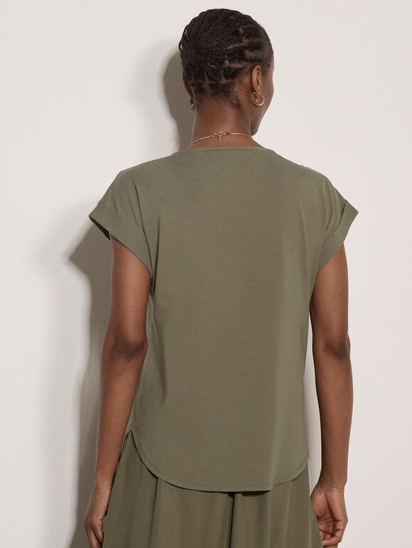 Turn-Up Sleeves Jersey T-Shirt, Khaki, large