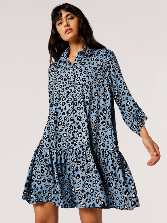 Leopard Print Swing Shirt Mini Dress, Blue, large