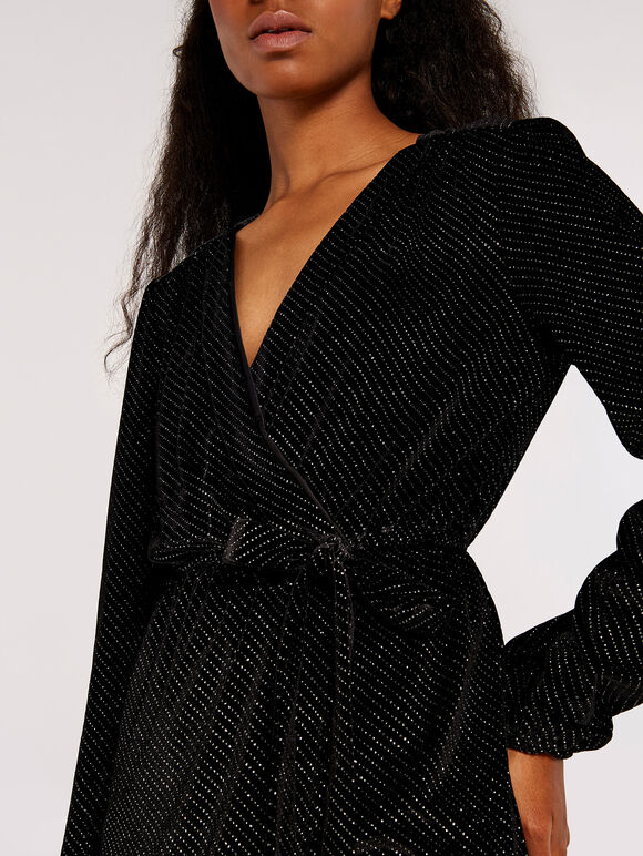 Glitter Velvet Wrap Mini Dress, Black, large