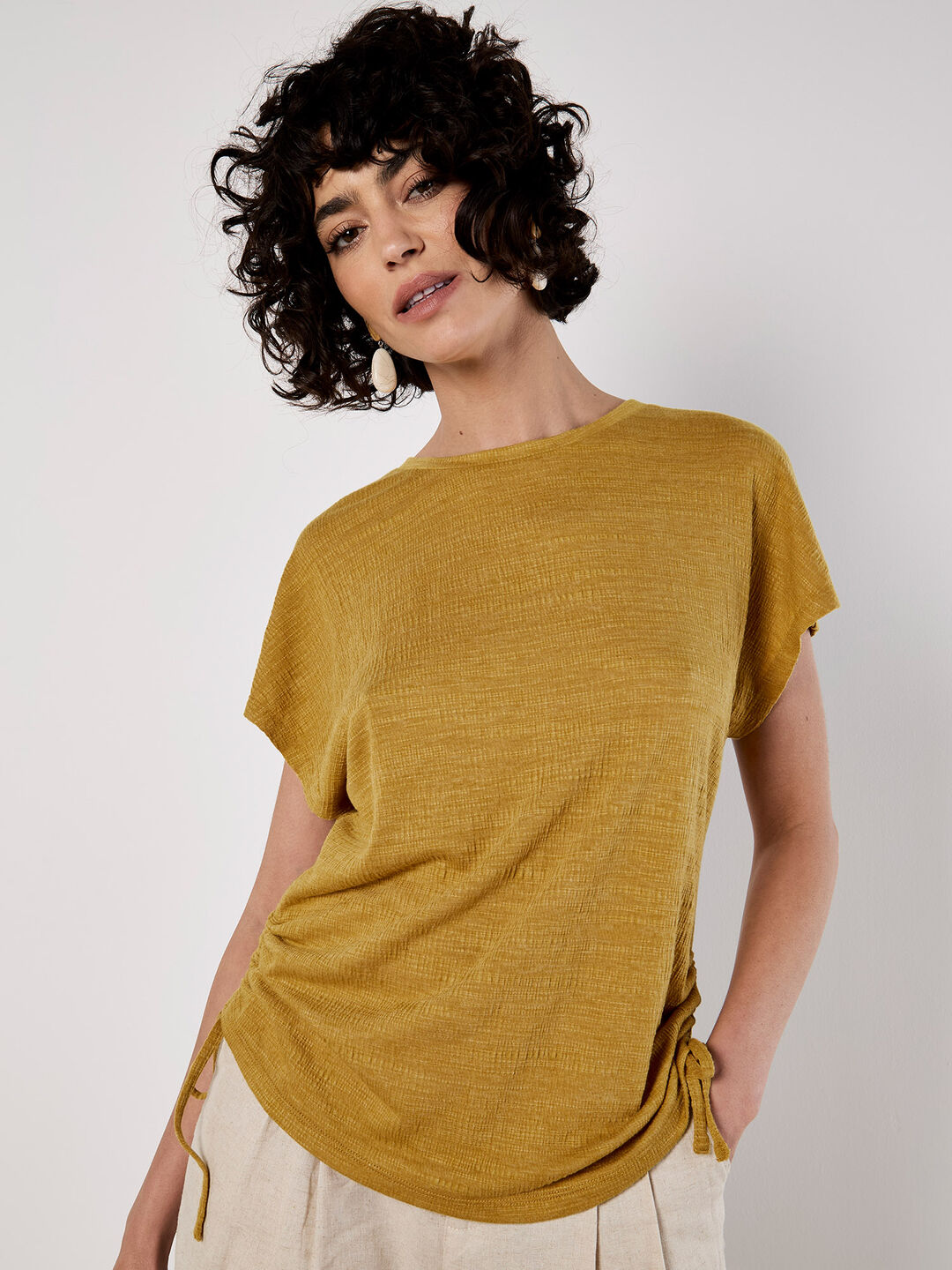 Textured Jersey Side Ruched T-Shirt