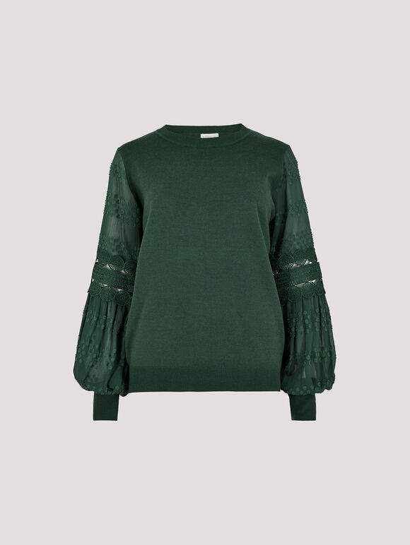 Contrast Chiffon Sleeves Jumper, Green, large