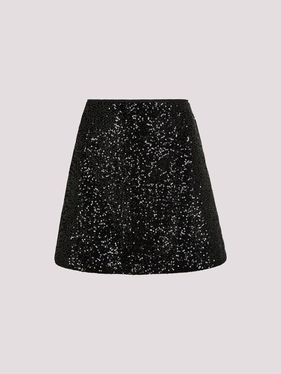 Velvet Sequin A-Line Mini Skirt, Black, large