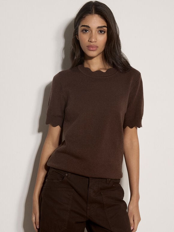 Scallop Knitted T-Shirt, Brown, large
