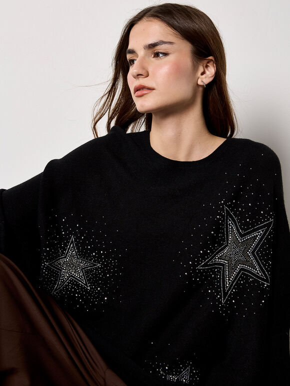 Stud Star Batwing Tunic Jumper, Black, large