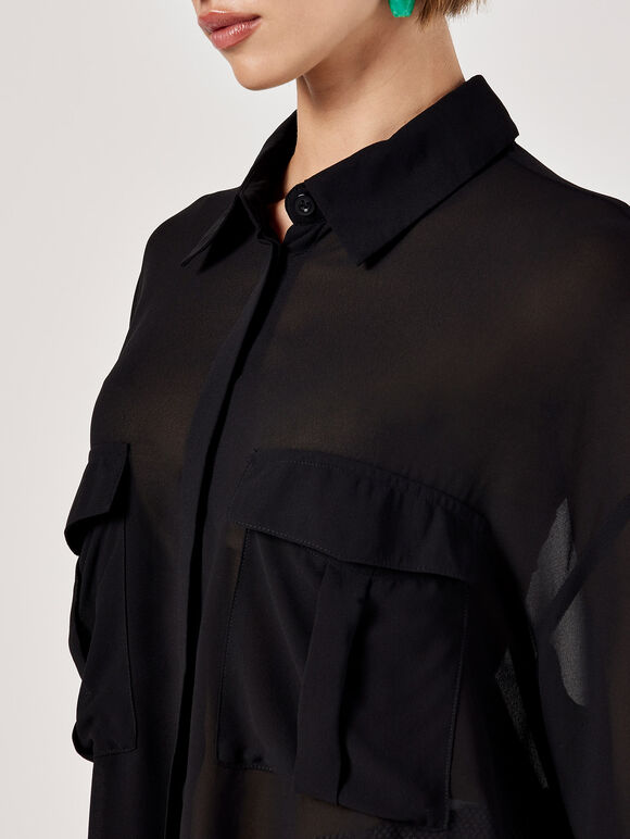 Oversized Chiffon Shirt, Black, large