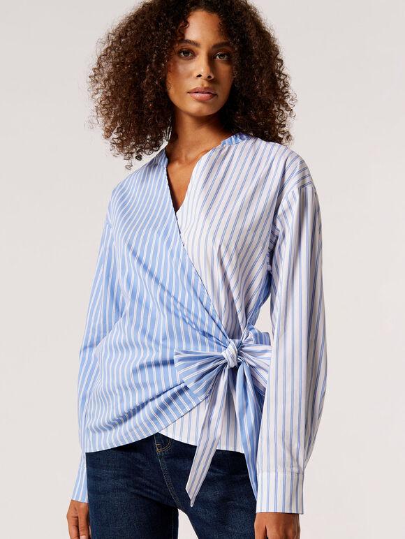 Contrast Stripe Wrap Shirt, Blue, large