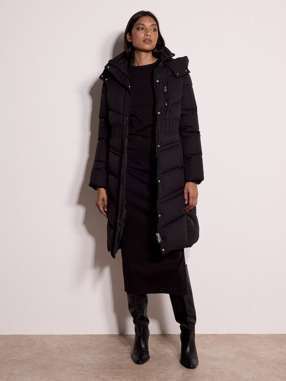 Long Belted Puffer Coat, Black, large