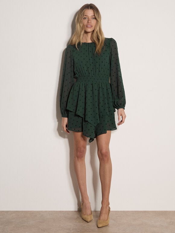 Crepe Velvet Star Tiered Mini Dress, Green, large